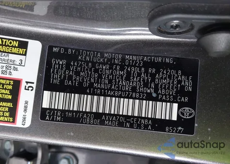 2023 Toyota Camry Le из США, поврежденный, VIN 4T1R11AK8PU778832